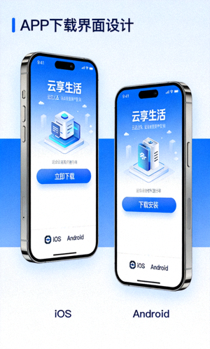 手机端APP下载界面展示图，展示iOS和Android移动应用界面
